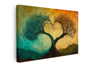 Surreal tree wall art with heart branches for expressive living room decor.