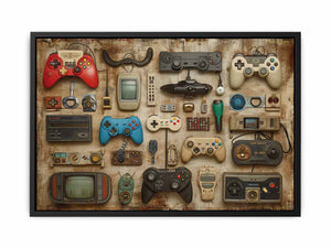 Retro gaming wall art with vintage controllers for mancave and game room decor.
