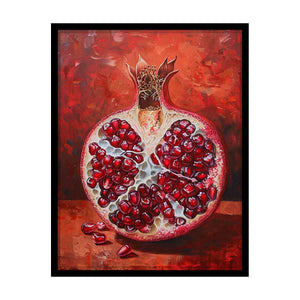 Sliced red pomegranate canvas art with glossy seeds for bold kitchen wall decor.
