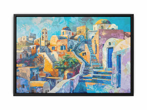 Colourful Santorini village canvas art with blue doors and stairs for Mediterranean living room decor.