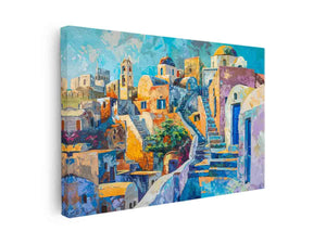 Colourful Santorini village canvas art with blue doors and stairs for Mediterranean living room decor.