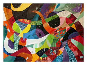 Colourful geometric abstract canvas art with bold shapes for modern office or living room decor.