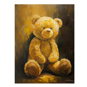 Golden teddy bear canvas art with soft texture for cozy nursery or kids room decor.