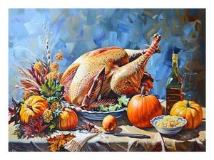 Harvest turkey still life canvas art with pumpkins and autumn table decor for dining room.