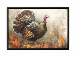 Autumn turkey wildlife canvas art with feathers and leaves for farmhouse dining room decor.