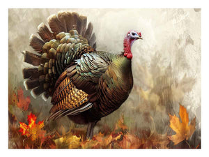 Autumn turkey wildlife canvas art with feathers and leaves for farmhouse dining room decor.