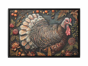 Decorative turkey canvas art with autumn leaves and berries for farmhouse dining room decor.