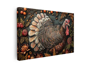 Decorative turkey canvas art with autumn leaves and berries for farmhouse dining room decor.
