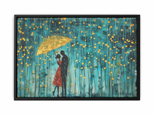 Romantic couple umbrella canvas art with teal rain and gold dots for bedroom decor.