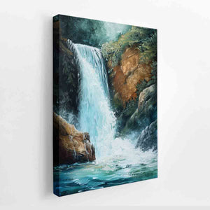 Vertical waterfall canvas art with teal water and forest rocks for modern living room decor.