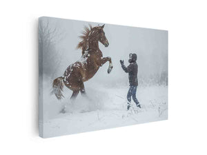 Dramatic horse in snow photography wall art for rustic modern living room decor.