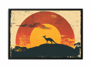 Vintage kangaroo sunset wall art with orange sun for modern living room decor.