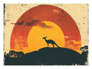 Vintage kangaroo sunset wall art with orange sun for modern living room decor.