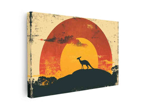 Vintage kangaroo sunset wall art with orange sun for modern living room decor.