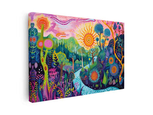 Colorful fantasy garden canvas art with trees, flowers, river and sun for bedroom decor.