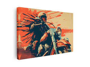 Vintage motorcycle rider wall art with bold orange brushwork for office or mancave decor.