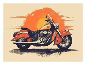 Classic vintage motorcycle canvas print with orange sunset for mancave or office decor.