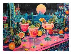 Colorful tropical cocktail wall art with citrus, cactus and pineapple for kitchen decor.
