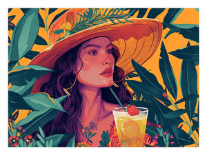 Tropical woman portrait canvas art with hat, leaves and cocktail for stylish bedroom decor.
