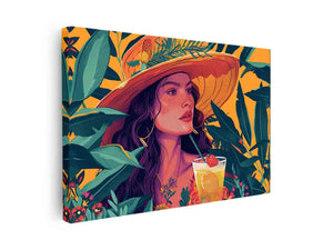 Tropical woman portrait canvas art with hat, leaves and cocktail for stylish bedroom decor.