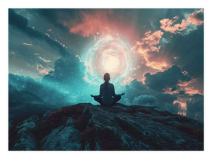 Meditation fantasy canvas art with glowing sky and clouds for peaceful bedroom decor.