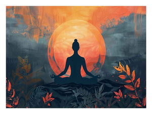Modern meditation wall art with orange sun, silhouette and botanical details for bedroom decor.