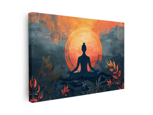 Modern meditation wall art with orange sun, silhouette and botanical details for bedroom decor.