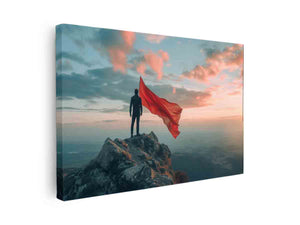 Man holding red flag on mountain canvas art for inspiring office decor.
