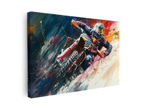 Dynamic motocross rider canvas print with bold racing colors for modern bedroom decor.