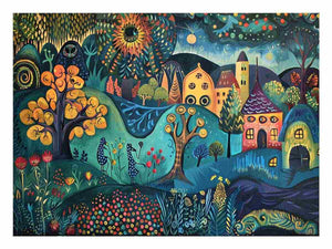 Whimsical village canvas art with colorful houses, trees and flowers for kids room decor.