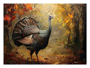 Rustic turkey canvas art with autumn leaves and forest texture for dining room decor.