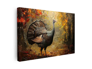 Rustic turkey canvas art with autumn leaves and forest texture for dining room decor.
