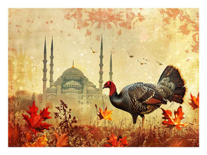 Vintage turkey artwork with mosque architecture and autumn leaves for elegant living room decor.