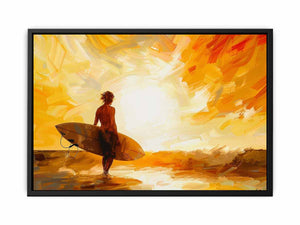 Golden surfer canvas print with sunset, ocean waves and surfboard for coastal bedroom decor.