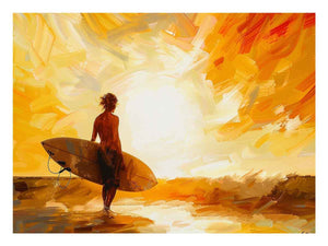 Golden surfer canvas print with sunset, ocean waves and surfboard for coastal bedroom decor.