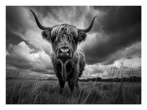 Minimal black and white Highland cow portrait canvas print for modern farmhouse living room decor.