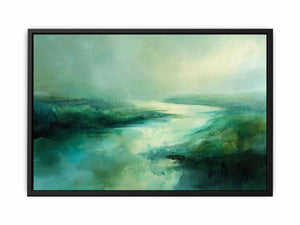 Blue abstract landscape wall art with misty water tones for calming bedroom decor.
