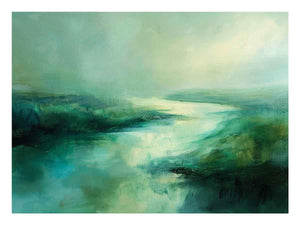 Blue abstract landscape wall art with misty water tones for calming bedroom decor.