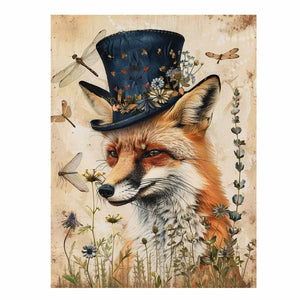 Vintage fox portrait wall art with wildflowers and botanical details for nursery decor.