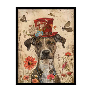 Whimsical dog portrait canvas art with red top hat, flowers and butterflies for nursery decor.