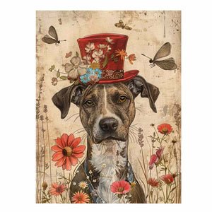 Whimsical dog portrait canvas art with red top hat, flowers and butterflies for nursery decor.