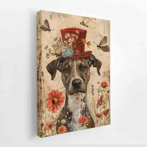 Whimsical dog portrait canvas art with red top hat, flowers and butterflies for nursery decor.