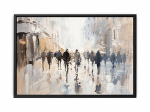 Abstract city street wall art with walking figures and neutral tones for modern office decor.