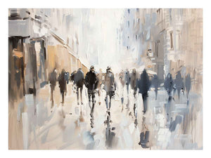 Abstract city street wall art with walking figures and neutral tones for modern office decor.