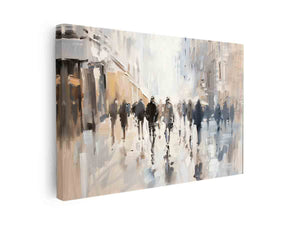 Abstract city street wall art with walking figures and neutral tones for modern office decor.