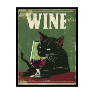 Vintage black cat winery poster wall art with wine glass for kitchen or home bar decor.