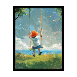 Vertical child swing wall art with birds, blue sky and grass for nursery decor.