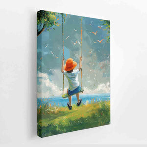 Vertical child swing wall art with birds, blue sky and grass for nursery decor.