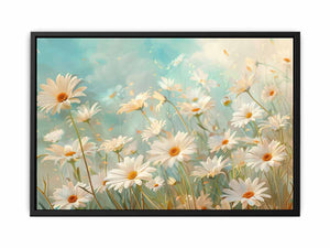 Soft white daisy wall art with aqua background for calming bedroom decor.