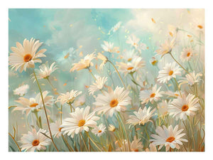 Soft white daisy wall art with aqua background for calming bedroom decor.